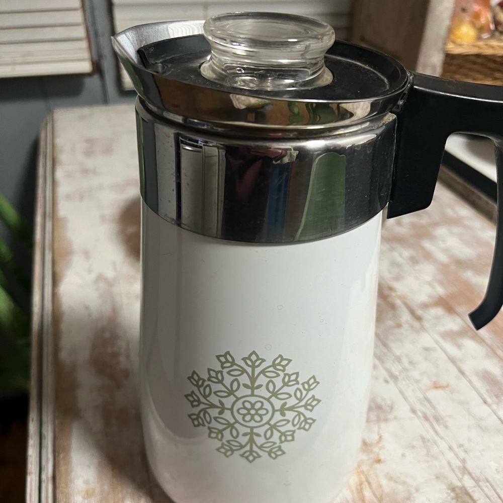 RARE CORNING WARE 9 CUP GREEN SNOWFLAKE STOVE TOP PERCOLATOR COFFEE POT VINTAGE
